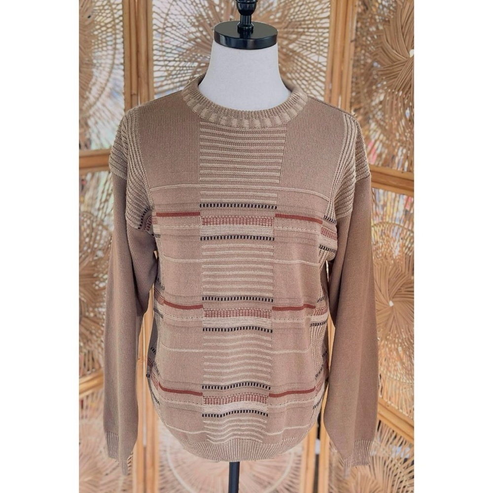 Irvine Park Tan Brown 3D Knit Slouchy Retro Crewneck Sweater L - Picture 6 of 6